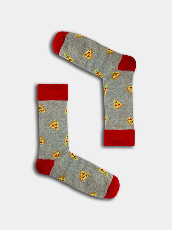 Grey and red socks with pizza slices on