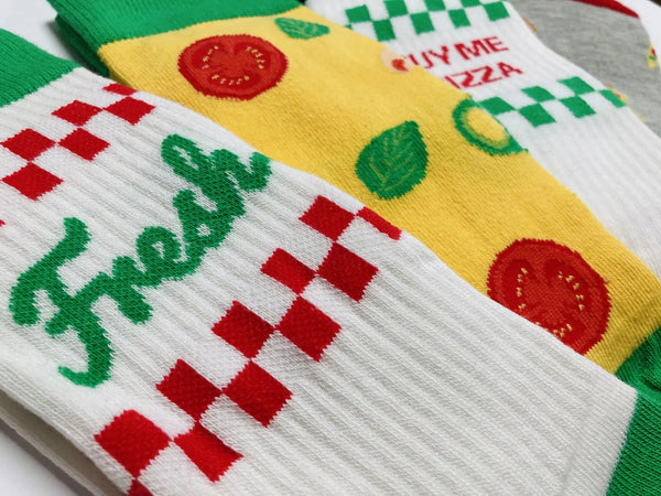 Close up of pizza themed socks