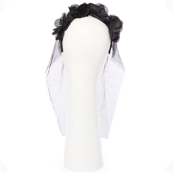 Black Bride Headband -  Front View Veil up