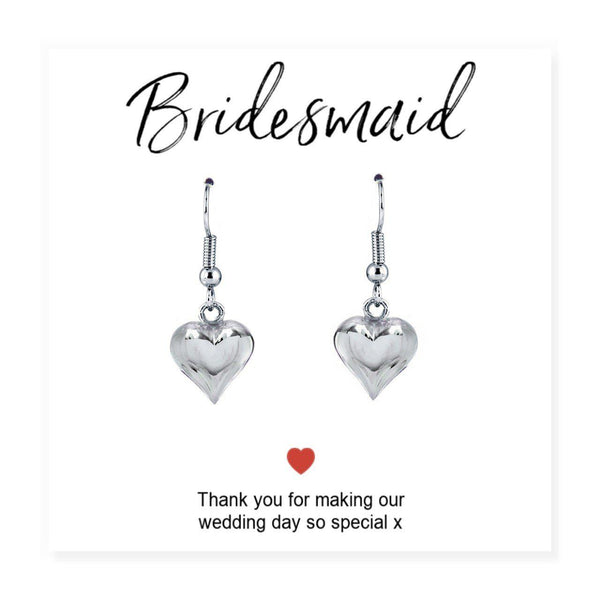 Bridesmaids Heart Earrings & Thank You Card - Card Reads "Bridesmaid Thank You For Making Our Wedding Day So Special x"