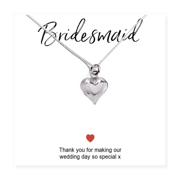 Bridesmaids Heart Necklace & Thank You Card - Card Reads "Bridesmaid Thank You For Making Our Wedding Day So Special x"