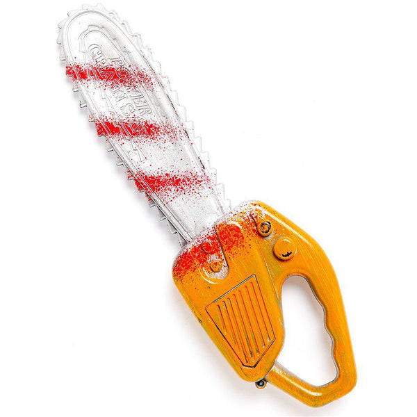 Plastic chainsaw prop with blood splatters on the saw