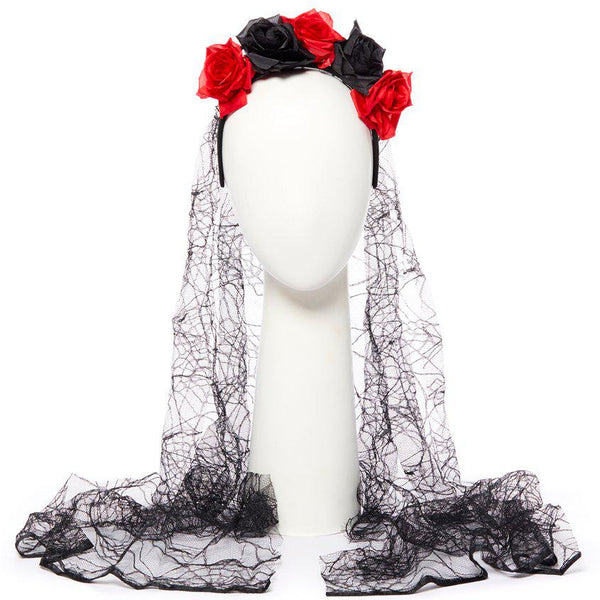 Day of the Dead Headband Veil - Modelled on a Mannequin Head With Veil Up