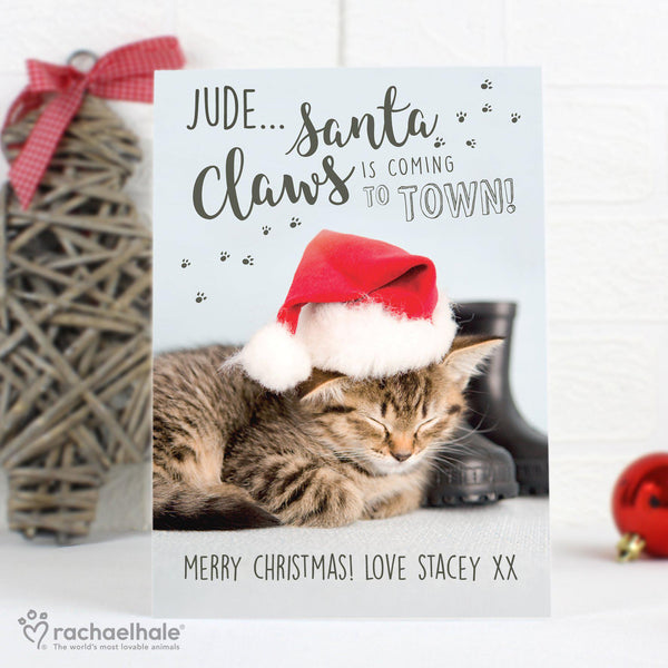 Personalised Rachael Hale Santa Claws Christmas Cat Card -  Personalised For Jude