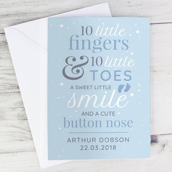 Personalised '10 Little Fingers' Blue Baby Card - Personalised For Arthur