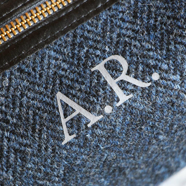 Personalised A.R Engraved On A Harris Tweed Wash Bag