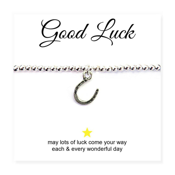 Horseshoe Charm Beaded Bracelet with Good Luck Message Card - Message Reads Good Luck "May Lots Of Luck Come Your Way Each & Every Wonderful Day"