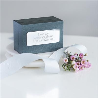 The cufflinks are presented with a mini card inside a grey gift box hand tied with grey ribbon