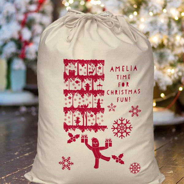 In The Night Garden Beige Sack with Red Print and Text Christmas Fun Sack with "AMELIA" Personalised above the fixed text "TIME FOR CHRISTMAS FUN"