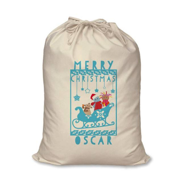 In The Night Garden Snowtime Sleigh themed Sack with Blue Pictures And Text, Personalise With A Name Under The Sleigh
