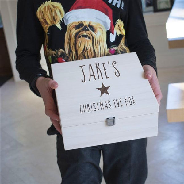 Kids Star Christmas Eve Box - A wooden personalised Christmas Eve box for kids with a name and star engraved on the front
