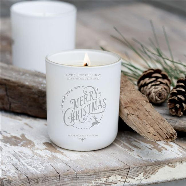Luxury Merry Christmas Soy Candle Withe The Text We Wish You A Very MERRY CHRISTMAS With A Reindeer And A Personal Message