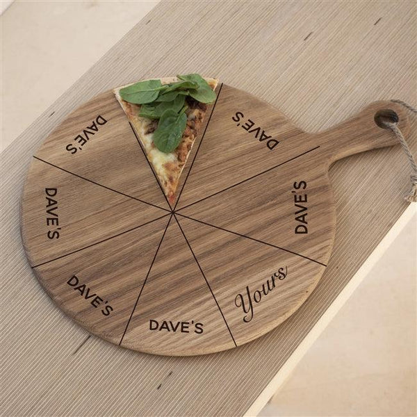 Mine Yours Pizza Board Engraved With Dave's Name On All Slices Apart From One Which Someone Else Can Have