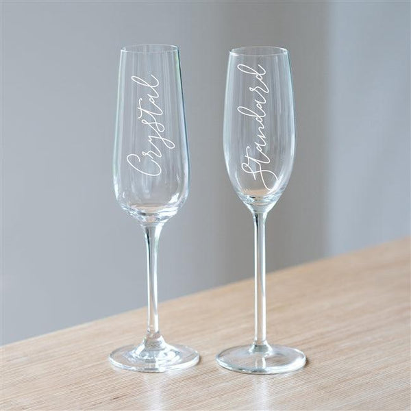 Mum Champagne Glass Showing The Difference In The Standard Option Compared To The Crystal Option