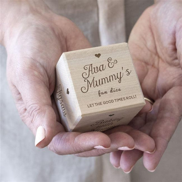 Mum's Wooden Dice - A wooden dice block personalised with names and five different activities of your choice