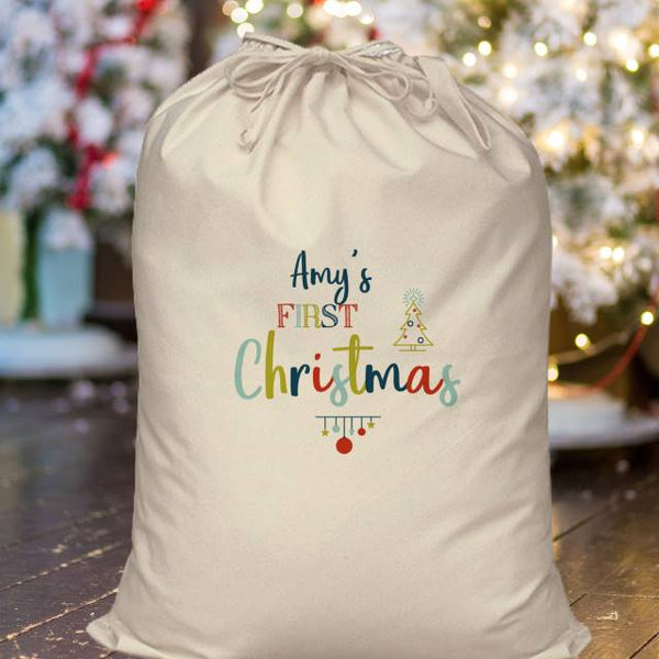 My First Christmas Cotton Sack - Text First Christmas Centered On the Sack With A Name Above First Christmas