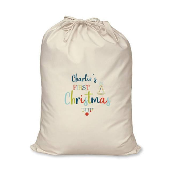 My First Christmas Cotton Sack - Charlie's Name Above The Multi Coloured First Christmas Text
