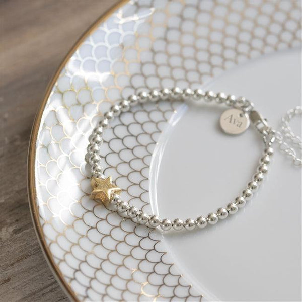 North Star Sterling Silver Beaded Bracelet Featuring A Gold North Star And A Name Pendant