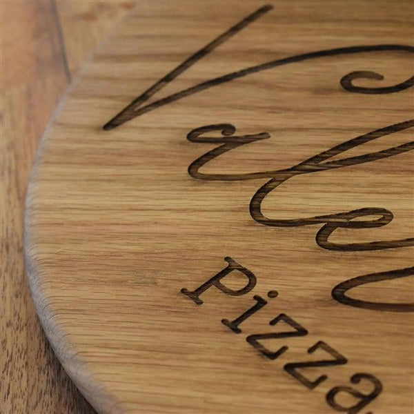 Oak Name Pizza Board Close Up Picture Showing The Quality Of The Engraving