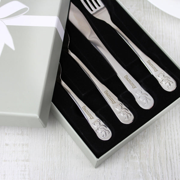 Personalised Teddy 4 Piece Embossed Cutlery Set presented in a silver presentation box