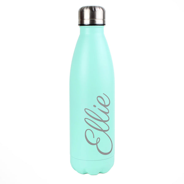 Personalised Mint Green Metal Insulated Drinks Bottle With A Silver Screw Cap