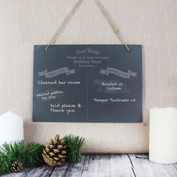 Personalised Christmas Naughty & Nice Hanging Large Slate Sign with Nice & Naughty Lists Filled In