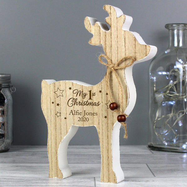 Personalised '1st Christmas' Rustic Wooden Reindeer Decoration - Personalised For Alfie Jones