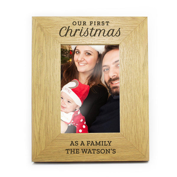 Personalised 'Our First Christmas' 6x4 Oak Finish Photo Frame - Fixed Text Reads 