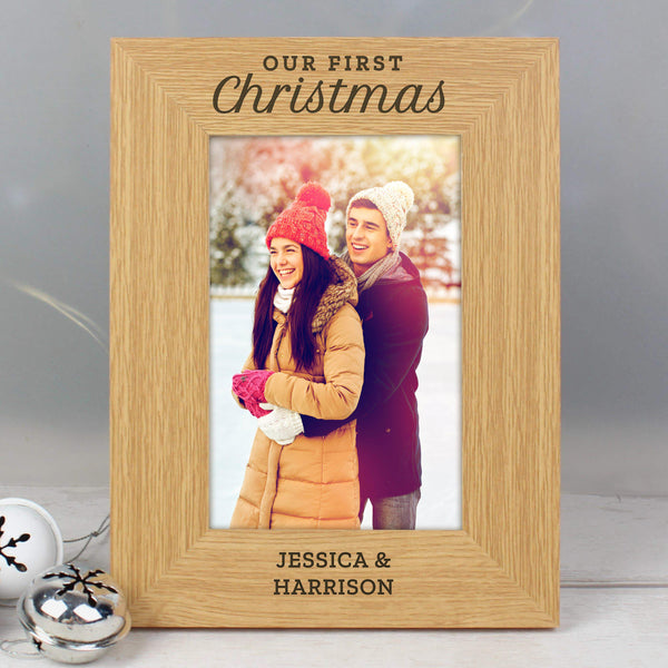 Personalised 'Our First Christmas' 6x4 Oak Finish Photo Frame -  Personalised Text Reads 