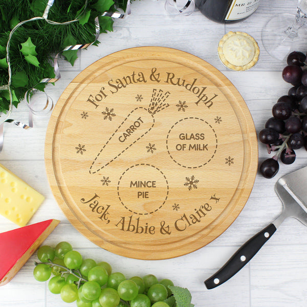 Personalised Christmas Eve Round Treats Board -  Board Features Spaces For Milk - Mince Pie & Carrot
