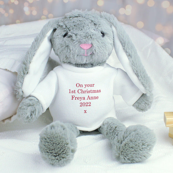 Grey fluffy bunny with text that reads 