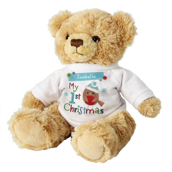 Personalised Felt Stitch Robin 'My 1st Christmas' Teddy Bear - Close Up Of Teddy