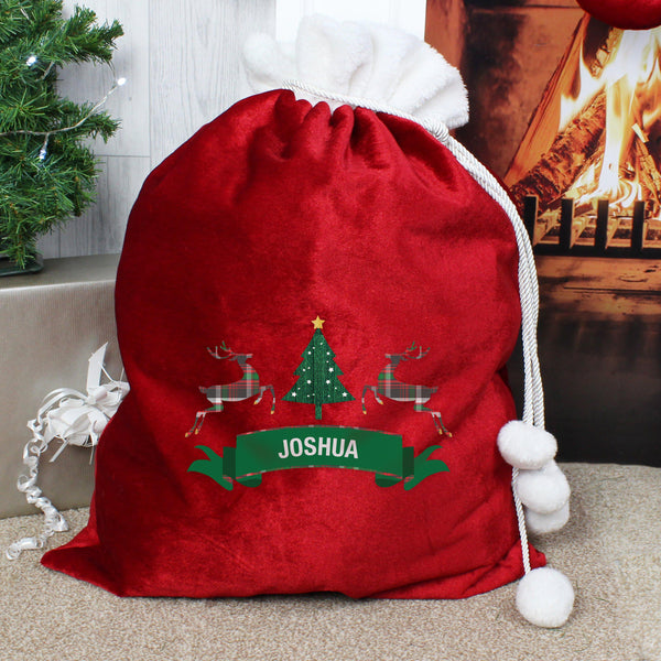 Personalised Nordic Christmas Luxury Pom Pom Red Sack -  Reindeers Either Side Of A Christmas Tree