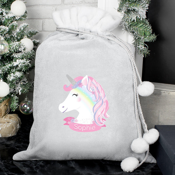 Personalised Christmas Unicorn Luxury Silver Grey Pom Pom Sack - Sophie Is Personalised Under The Colourful Unicorn
