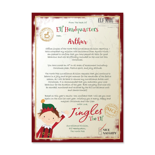 Personalised Elf Surveillance Christmas Letter - Personalised For Arthur