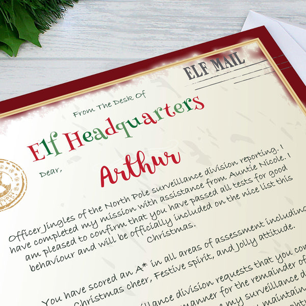 Personalised Elf Surveillance Christmas Letter =  Top Half Of Letter Close Up