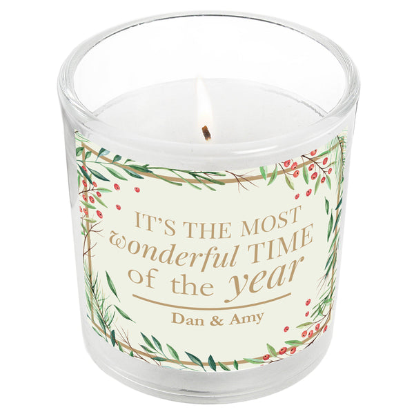 Personalised 'Wonderful Time of The Year' Christmas Scented Jar Candle - Aerial View Close Up Image