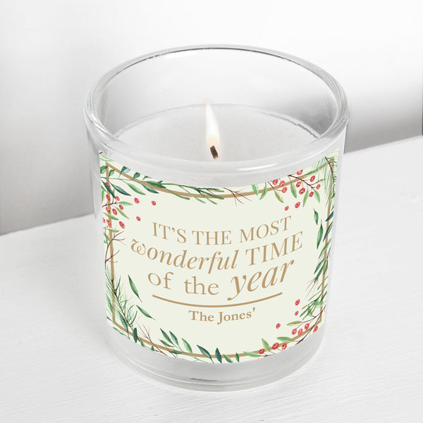 Personalised 'Wonderful Time of The Year' Christmas Scented Jar Candle - Festive Berries & Leaves Surrounds The Border Of The Label