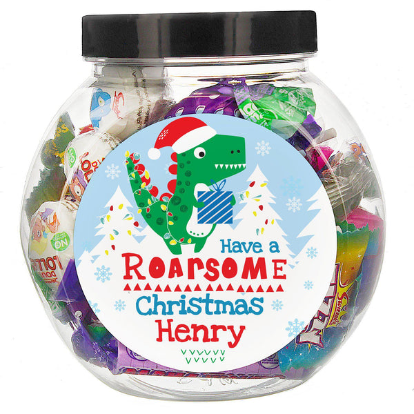 Personalised Dinosaur 'Have a Roarsome Christmas' Sweet Jar - Dinosaur Holding A Present In The Snow Is Featured Above The Text