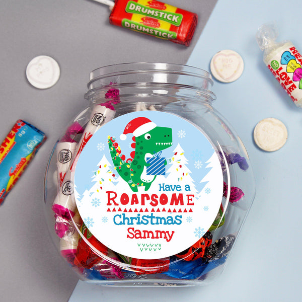 Personalised Dinosaur 'Have a Roarsome Christmas' Sweet Jar - Fixed Text Reads 