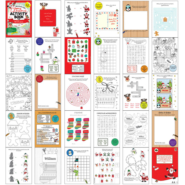 Personalised Christmas Activity Book with Stickers - Open On Activity & Santa Letter - Image Showing All Activities/Pages