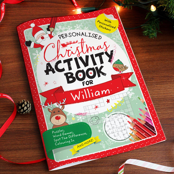 Personalised Christmas Activity Book with Stickers - Personalised For William On A Themed Christmas Table