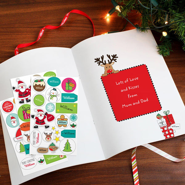 Personalised Christmas Activity Book with Stickers - Book Open On Centre Pages Showing Stickers And Personalisation