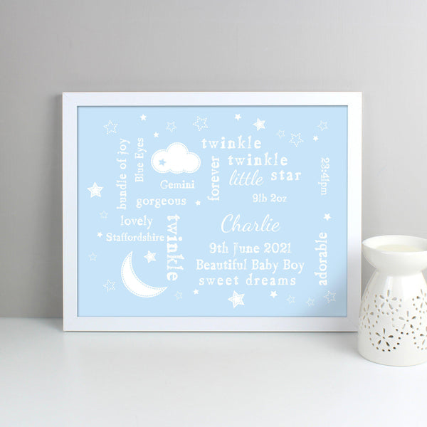Personalised Blue Twinkle Twinkle Typography White Framed Print - Personalised For Baby Charlie
