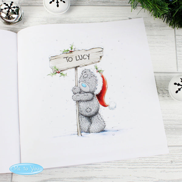 Personalised Me to You The One I Love at Christmas Poem Book -  Page Shows Bear With Christmas Hat On Hugging A Personalised Sign To Lucy
