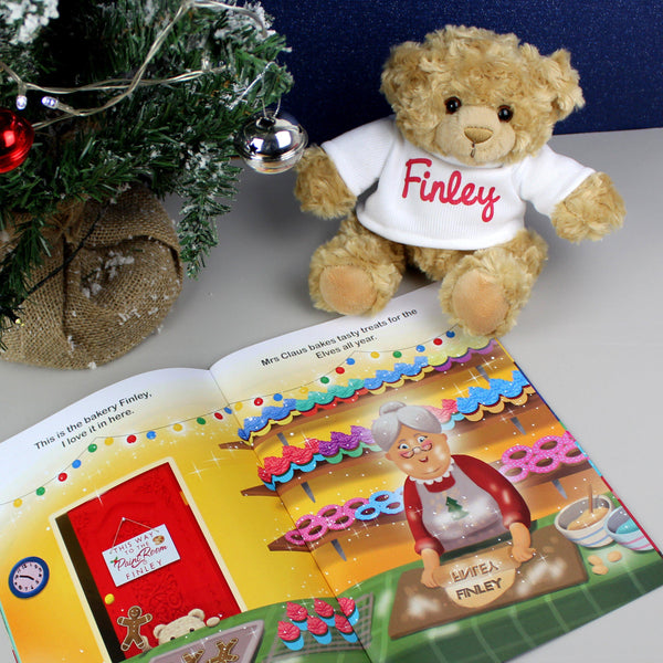 Personalised Magical Christmas Adventure Story Book and Personalised Teddy Bear -  Book Pages Open With The Personalised Bear And Small Christmas Tree