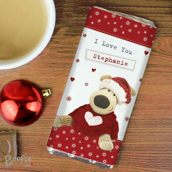 Personalised Boofle Christmas Love Milk Chocolate Bar - Text Reads I Love You Stephanie
