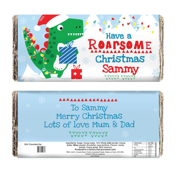Personalised Dinosaur 'Have a Roarsome Christmas' Milk Chocolate Bar - Dinosaur In A Festive Setting