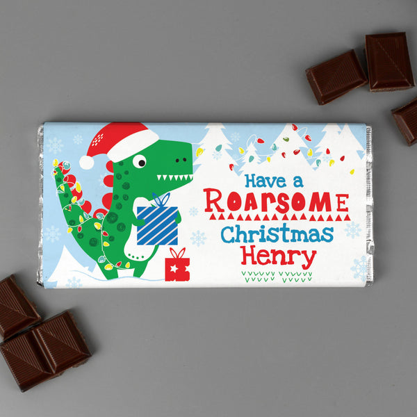 Personalised Dinosaur 'Have a Roarsome Christmas' Milk Chocolate Bar With Chocolate Outside The Bar