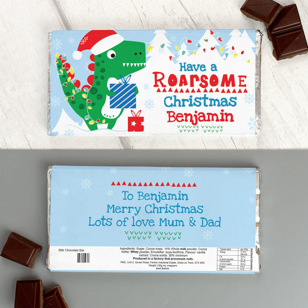 Personalised Dinosaur 'Have a Roarsome Christmas' Milk Chocolate Bar - Front & Rear Shown